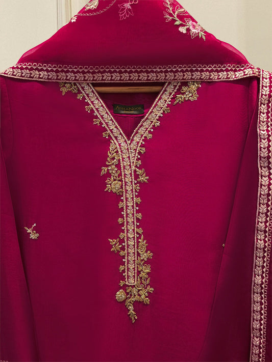 3 Piece- Pure Sheesha Silk Embroidered Suit