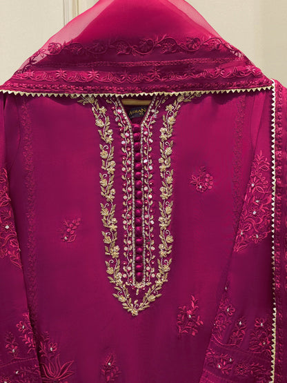AGHA NOOR 3 Piece- Pure Sheesha Silk Embroidered Suit