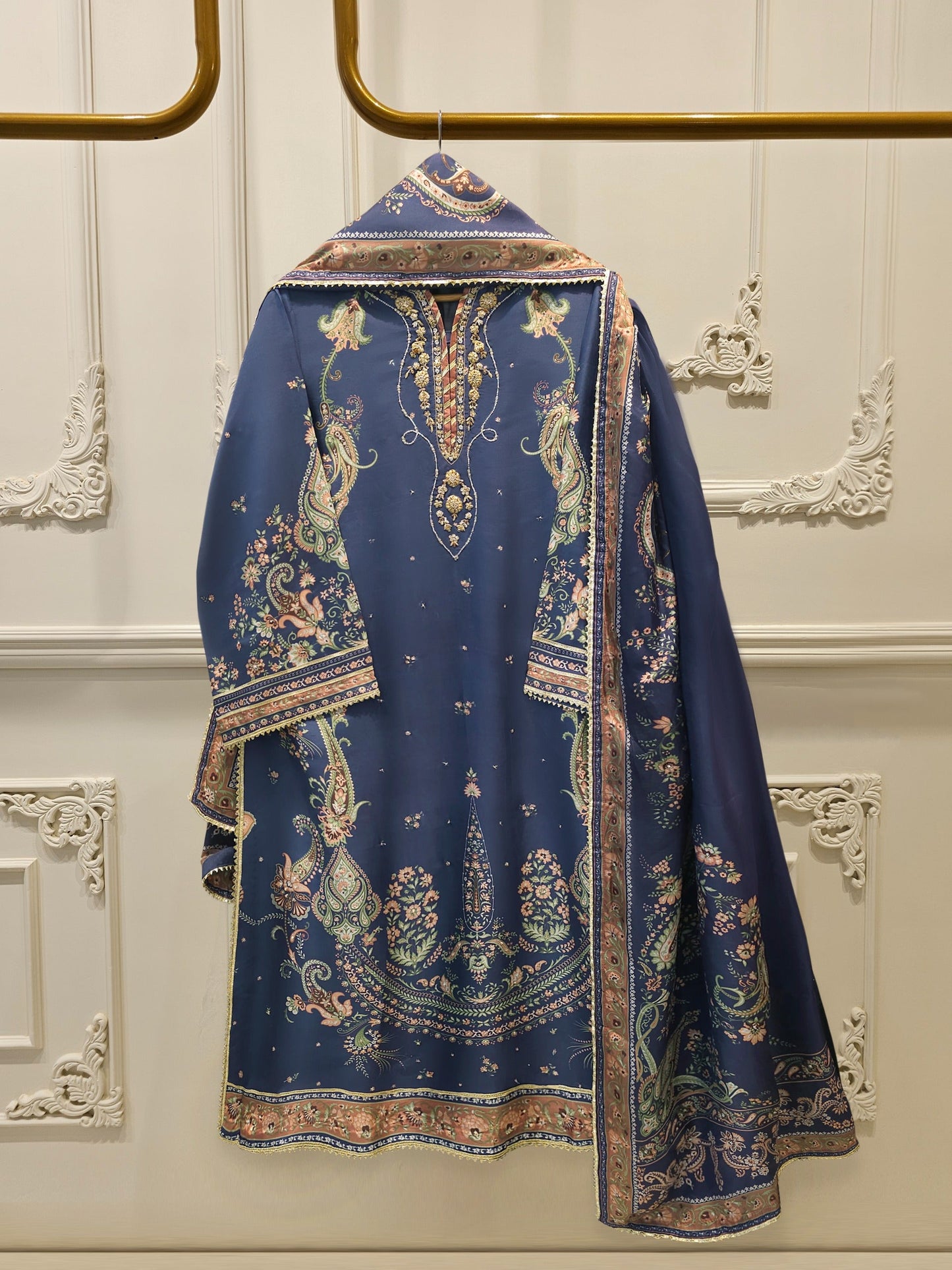 AGHA NOOR 3 Piece- Pure Printed Raw Silk Embroidered Suit
