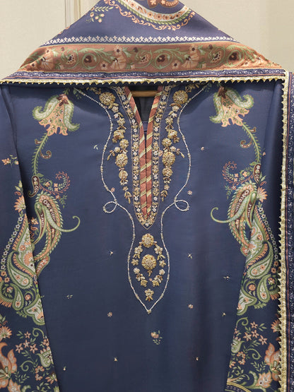AGHA NOOR 3 Piece- Pure Printed Raw Silk Embroidered Suit