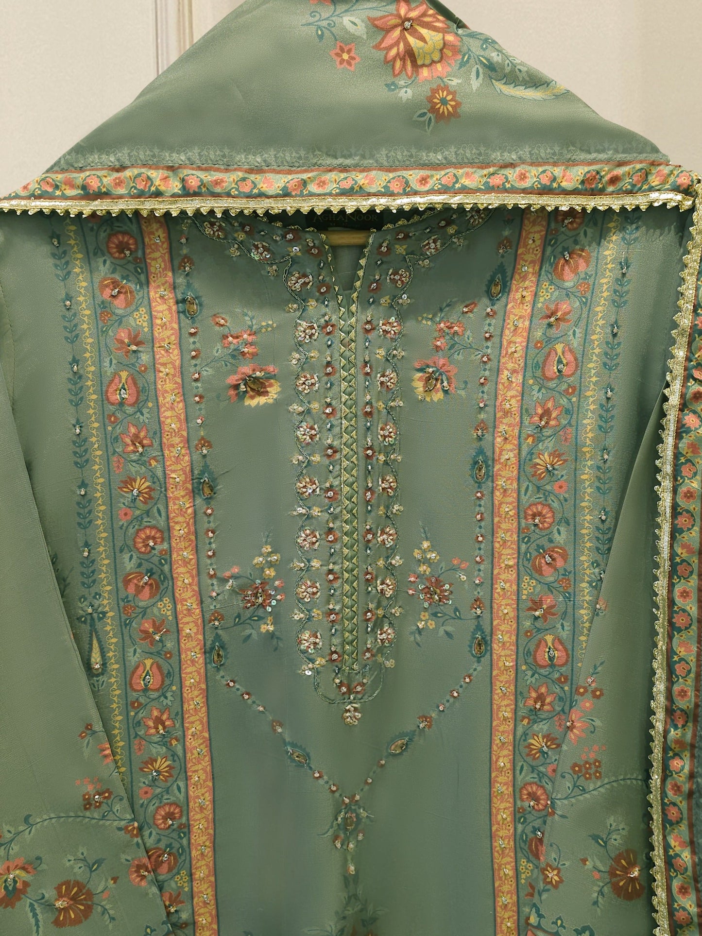AGHA NOOR 3 Piece- Pure Printed Raw Silk Embroidered Suit