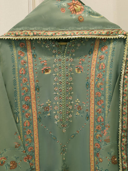 AGHA NOOR 3 Piece- Pure Printed Raw Silk Embroidered Suit