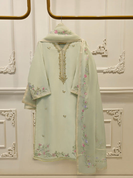 3 Piece- Pure Sheesha Silk Embroidered Suit