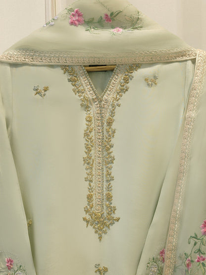 3 Piece- Pure Sheesha Silk Embroidered Suit